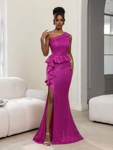 Faeriesty Đầm dạ hội dáng đuôi cá lệch vai sang trọng, xếp nếp, đính sequin với đường xẻ cao | Chất liệu bóng bẩy, kiểu dáng ôm sát tôn dáng | Trang phục dự tiệc lộng lẫy cho các sự kiện theo chủ đề vũ trường, dạ hội thảm đỏ và các buổi tụ họp buổi tối sang trọng. Trang phục đón năm mới và cả ngày Valentine nữa. - Màu Hồng Tươi - Xem 4