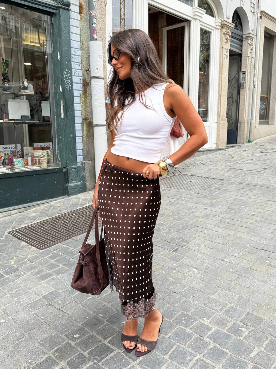 Women Satin Lace Trim Midi Skirt Polka Dot Print High Waist Long A-Line Skirts Vintage Silk Going Out Dress Y2k Streetwear Party Clubwear - Màu nâu Sô-cô-la - Xem 1