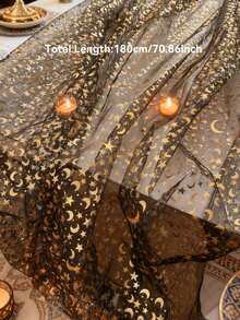 1pc Black Gold Moon Star Pattern Shimmer Sheer Table Runner Elegant Sparkly Overlay Long Flowing Decorative Table Cloth Festive Glitter Accent Stylish Draping Design Soft Lightweight Party Drape Eye-Catching Detail Perfect For Dining Table Styling Mantel Decoration Celebration Event Display Holiday Party Backdrop Home Decor Scene Setting Dinner Gathering Accent Versatile Festive Room Decoration - Multicolor - View 11