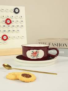 1 Set Hand-Painted Retro Ceramic Coffee Cup & Saucer, 4 Styles Available, Suitable For Home, Office, Cafe Use, Great Gift Option - Multicolor - View 6