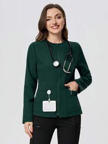 ملابس علوية مزودة بأكمام طويلة وسحاب وجيوب متعددة، ملابس علوية عصرية للنساء مناسبة للاستخدام في صالونات التجميل ومحلات الحيوانات الأليفة والأنشطة الترفيهية الخارجية - أخضر داكن - مشاهدة 4