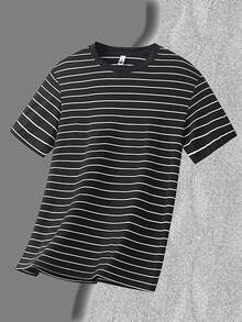 针织圆领短袖T恤，条纹休闲商务修身男士夏季透气短袖 - 黑色 - 查看 2