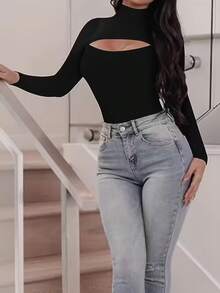 Damen eleganter Rollkragen Langarm Bodysuit, einfarbiger Strickstoff, maschinenwaschbar, geeignet für Herbst/Winter - Schwarz 2 - Übersicht 5