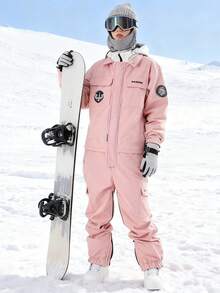 1件中性款連身式滑雪服，工裝風，寬鬆落肩設計，側開衩下擺，粉色運動風 - 粉色 - 查看 9