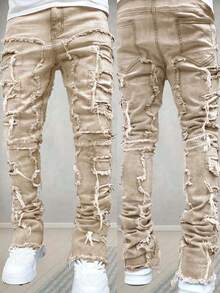 Tween Boy Patchwork Frayed Hem Casual Denim Jeans - Ginger - View 3