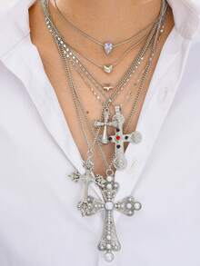 4 件套赛博朋克优雅街头风格仿珍珠彩色水钻心形十字架项链套装，多层吊坠项链时尚配饰女士 - 銀色 - 查看 4