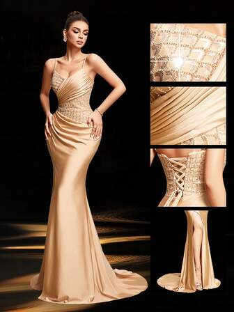 Nuevo vestido de noche sin mangas para mujer: Vestido de sirena de cintura alta con escote en V color champán para otoño e invierno, que estiliza la figura. Falda larga elegante con paneles lujosos bordados con cuentas y lentejuelas, con detalles de lazo y drapeado en la espalda, para ocasiones formales como banquetes, cumpleaños, bailes, fiestas, Halloween, Navidad y bodas.