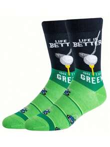 1双男士高尔夫主题过膝袜 - 弹性舒适，印有趣味高尔夫球车和“Life Is Better On The Green”（生活更美好，尽在绿茵场）字样 - 高尔夫爱好者新奇礼物，高尔夫配件，男女皆宜 - 彩色 - 查看 2