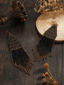 Handmade Beaded Tassel Earrings, Original Local Design, Bohemian Style Tassel Drop Earrings, Vintage Black Beads With Gold And Blue Beads, Silver Earring Hooks, Versatile For Daily And All Seasons, Personalized Exaggerated Tassel Earrings For Women, Suitable For Vacation, Party, Gifts For Her, Couples, Friends - Black Gold - View 4