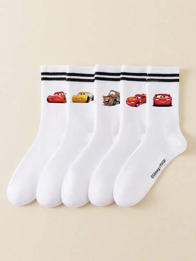 Disney 5/1 par herrstrumpor med tecknat mönster och bilar, svarta och vita ränder, söta mönstrade strumpor, luktresistenta, fukttransporterande, fritidskläder, lämpliga för studenter/vuxna som presenter eller vardagskläder
