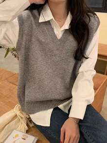 Chaleco de punto con cuello en V de color liso para mujer, adecuado para ocasiones cotidianas. - Gris - Ver 5