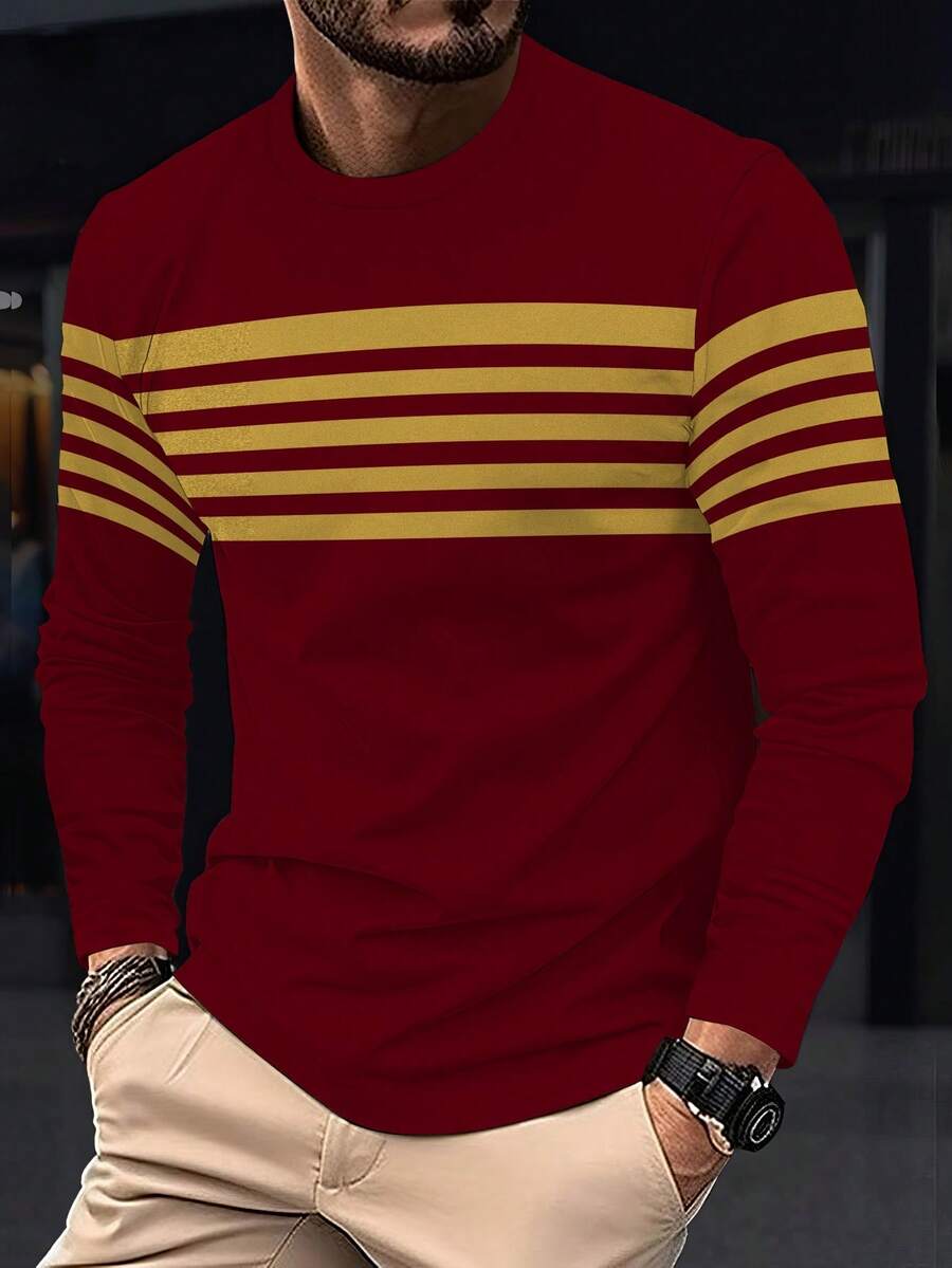 Plus Size Men's Fashion 3D Geometric Pattern Lightweight Long Sleeve T-Shirt - Casual Crew Neck, Polyester, Thin, Machine Washable - Red - View 1