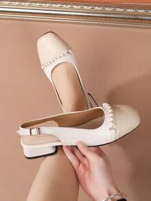 New Elegant Low Heel Closed Toe Sandals For Women, Square Toe Real Leather Color Block Bow Decor Strap Chunky Heel Shoes - Beige - View 4