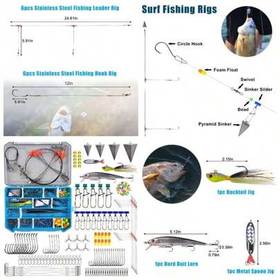 Surf Fishing Tackle Kit Ocean Saltwater Fishing Lures Surf Fishing Gear Fish Finder Rigs Pompano Rig Sinker Weight Fishing Hooks Swivels Various Accessories