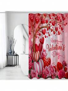 1/4pcs Valentine's Day Decor Shower Curtain Set, Heart & Rose Floral Romantic Red & Pink Washable Bathroom Curtain, Bathroom Gift With 12 Hooks Non-Slip U-Shaped Toilet Seat Cover And Bath Mat - Multicolor - View 6