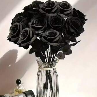 1/5/9/13支装黑色仿真玫瑰带茎 - 逼真仿真花，适用于哥特式婚礼、万圣节装饰、家居/办公室/酒店装饰、浪漫房间点缀 | 逼真花卉 | 栩栩如生的仿真玫瑰，花束配件