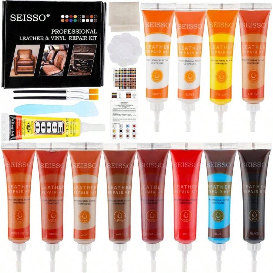 SEISSO Pro-Grade 12-Color Leather Vinyl Repair Kit | Luxury Refinishing Set With Glue, Backing Fabric & Paint Gel - Restore Car Upholstery, Couches & Furniture, Conceal Tears & Scratches + Step-By-Step Instructions