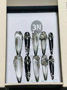 10片/包 - 吸睛美甲贴纸：哥特式银色渐变，饰以层叠水晶簇和月光石珍珠 - 黑色 - 查看 10