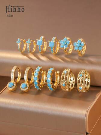 Hihho 12pcs/Set Gold-Tone Turquoise Element Hoop Earrings Set, Featuring Luxurious Resort Style With Turquoise Stones, Rhinestones, Clover, Geometric & Hollow-Out Designs, Suitable For Daily Wear, Vacation, Casual Parties