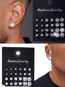 24-30-72pcs/Set Minimalist Punk Geometric Circle, Square, Heart Zirconia Stud Earrings For Men, Glamorous Party, Festival, Vacation, Music Event, Couple, Party, Date, Gift, Casual Wear - 彩色 - 查看 6