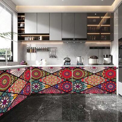 1 pieza Mantel/Cortina de gabinete de terciopelo de poliéster con estampado de patrón de mandala de la serie del Festival de Oriente Medio, decoración del Festival de Oriente Medio, fácil de colgar, ideal para gabinete de cocina, gabinete de lavandería, gabinete de almacenamiento, también se puede usar como cenefa de ventana