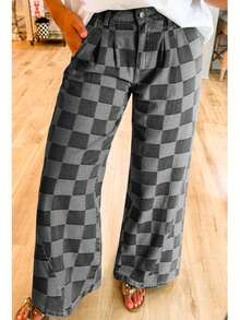 Checkered Zipper Pocketed High Waist Wide Leg Jeans - Màu xám đen - Xem 1