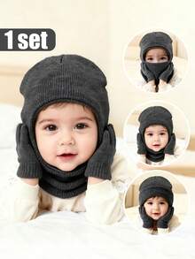 1 Mũ len đan dễ thương cho trẻ từ 1-6 tuổi, màu trơn, mềm mại, thoải mái, bảo vệ tai ấm áp, thích hợp cho mùa thu/đông, sử dụng ngoài trời thường ngày - 2 chiếc - Xem 1