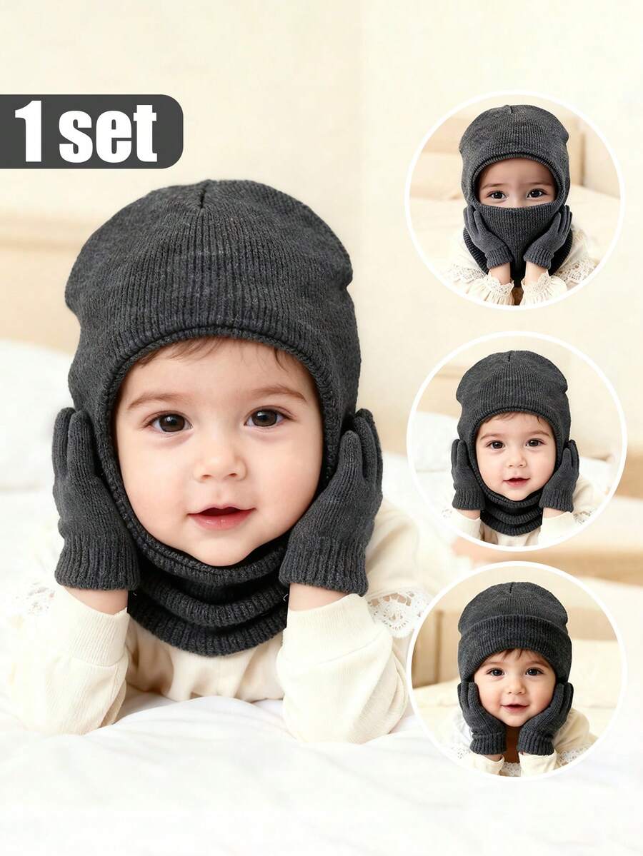 1 Mũ len đan dễ thương cho trẻ từ 1-6 tuổi, màu trơn, mềm mại, thoải mái, bảo vệ tai ấm áp, thích hợp cho mùa thu/đông, sử dụng ngoài trời thường ngày - 2 chiếc - Xem 1