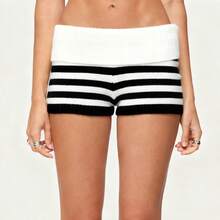 Women's Fold Over Waist Knitted Shorts Y2k Low Waist Striped Print Color Block Slim Fit Hot Pants Party Clubwear Going Out Sweater Shorts Loungewear Bottoms Stretchy Yoga Shorts Summer Casual Active Jogger Sweatshorts - màu đen - Xem 7