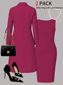 女士优雅两件套，纯色长袖开衫外套+无袖中长连衣裙，适合春、秋、冬三季穿着。 - 玫紅13 - 查看 4