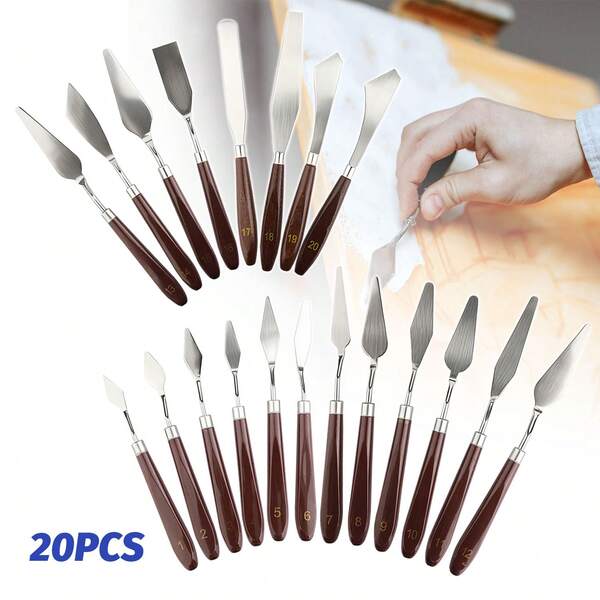 20Pcs Stainless Steel Palette Knife Set – For Oil Painting, Acrylic & Cake Decorating – Wooden Handle Art Tools For Creative DIY & Gift