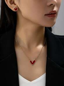 4件套时尚优雅心形金红首饰套装，包括项链、手链、耳环，适合女性日常佩戴，是情人节、送给女友、母亲的最佳礼物（不含礼盒） - 紅色 - 查看 6