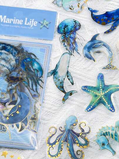 50 miếng dán trang trí hình động vật biển màu xanh lam trong suốt bằng giấy bạc vàng, miếng dán thẩm mỹ màu xanh, miếng dán biển, đồ dùng thủ công, miếng dán nhựa vinyl PET