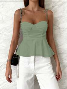 1pc Women's Casual Sleeveless Ruffle Hem Blouse, Elegant French Minimalist Pure White Tube Top Cropped Camisole, Fitted Vacation & Commute Lightweight Camisole Tie Front Tank Top, Y2K Sexy Babydoll Accentuates Curves Outerwear, Spring/Summer/Autumn - Mint Green - View 3