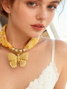 Monlansher New Original Design Women's Pendant Necklace, Stainless Steel Butterfly Pendant With Yellow Printed Fabric Choker, Fashionable Exaggerated Elegant Casual Vacation Versatile Pendant Necklace For Women - Gold - View 8