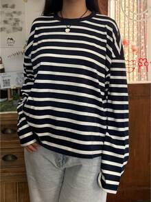 Womens Loose Tunic Tops Long Sleeve Round Neck Stripes Print T-Shirts Spring Fall Blouses - Navy Blue - View 2