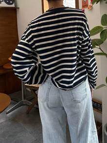Womens Loose Tunic Tops Long Sleeve Round Neck Stripes Print T-Shirts Spring Fall Blouses - Navy Blue - View 6