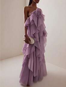 Holiday Style Elegant Temperament Neck Three-Dimensional Flower Suspender Dress - Purple - View 1