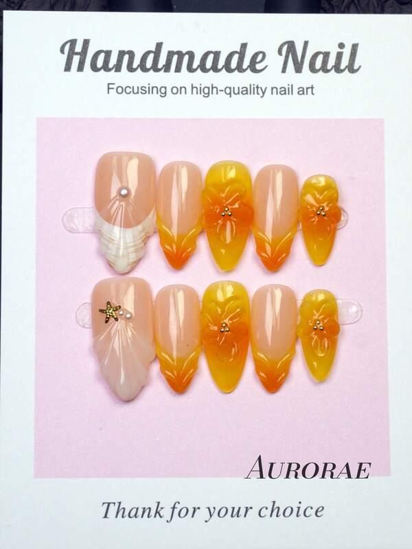 10 Stücke handgemachte Mandel-Nägel zum Aufkleben, mittelgroß, westlicher Stil Orange-Verlauf Nägel, Muschel-Muster Französisch-Spitzen-Nägel, handbemalte 3D geschnitzte Blumen-geprägte Floral-Tränen-Meerjungfrau, Perlen-Einlage, europäischer & amerikanischer Stil, süß elegant luxuriös Herbst Aufklebe-Nägel, Y2K Baddie Goth Junk Ästhetik, vielseitige DIY Künstliche Nägel für Party, Alltag & Date, Strand Tropical Getaway geeignet, wiederverwendbar, als Geschenk für Frauen & Mädchen Nagel-Zubehör