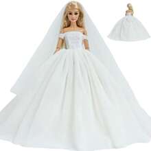 Doll Clothes A Princess Wedding Dress With An Enormous Skirt,A White, Off-The-Shoulder Wedding Dress With Sleeves+Wedding Veil,A Pretend Wedding,Simulated Wedding Dress Skirt,Suitable For 11.5-Inch Princess Doll, For Doll Daily Pretend Play,It Is Suitable As A Gift For Children's Day/Birthday And Other Festivals (No Dolls Included)