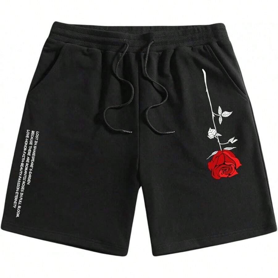 Men's Boho Paisley Print Drawstring Waist Summer Shorts With Pocket - Black Ink Floral - View 1