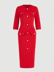 优雅女士中长连衣裙，修身剪裁，红色，适合下午茶、教堂、办公室、约会、生日派对、春秋季休闲穿着。 - 紅色 - 查看 6