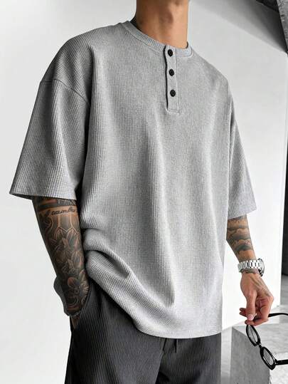 1pc Men's Waffle Texture Half-Zip Short Sleeve Polo Shirt, Comfortable Breathable Summer T-Shirt, Machine/Hand Washable, Old Money Style