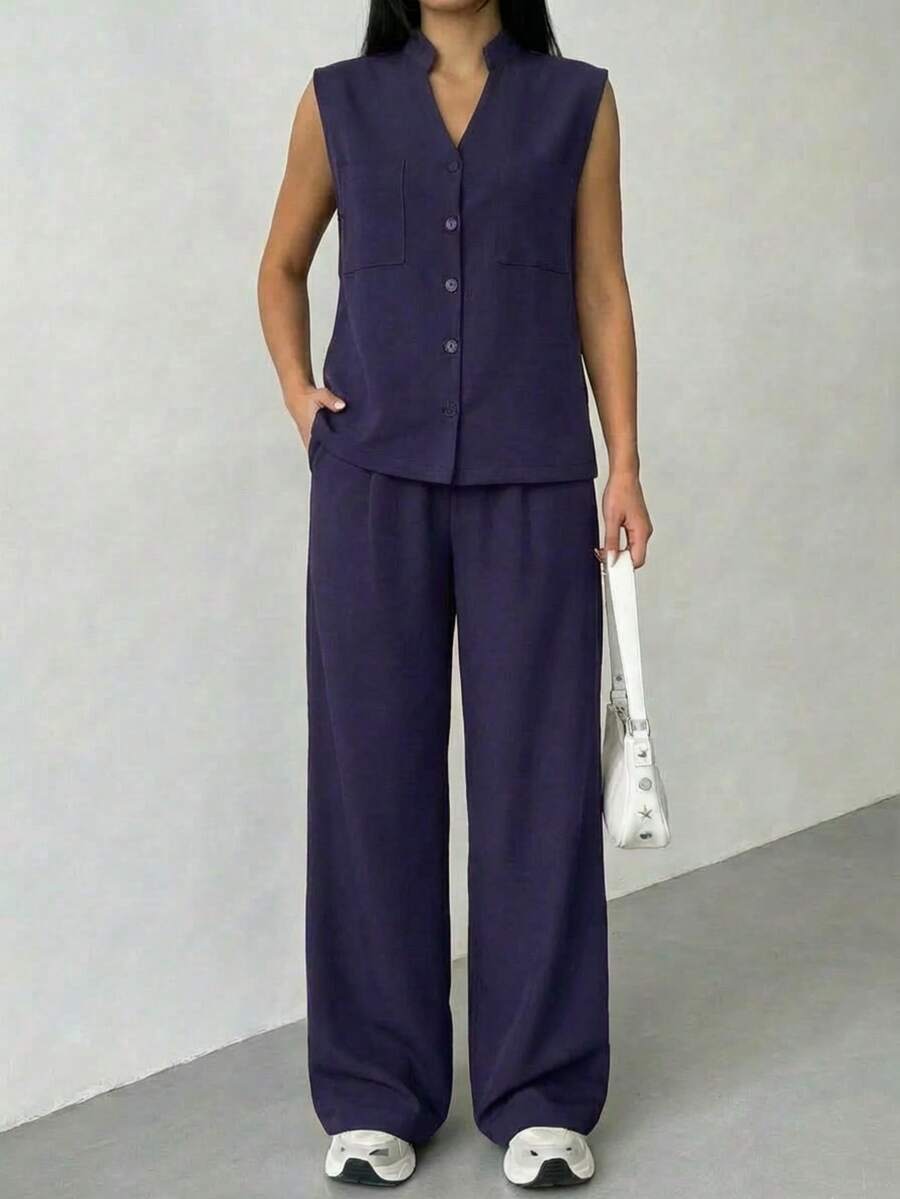 A&DD MODA,REF:Y287 - Women's Solid Color Two-Piece Set, Consisting Of A Sleeveless Vest And Loose-Fitting Trousers, With Upper Body Pockets And Elastic Waistband, Suitable For Daily Outings - 藏蓝色 - 查看 1