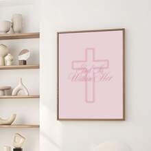 1幅粉色基督教墙画“上帝在她心中”圣经经文帆布画，简约十字架海报，信仰与力量装饰画，适合卧室或祈祷室，送给她的礼物，带框/不带框 - 彩色 - 查看 5