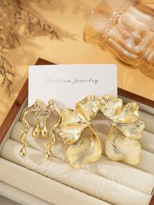 4/6/16pcs Fashion Natural Elements + 3D Mixed Style Set, Including: [Plant + Natural Shape], [Twist + Weave Pattern], [Oval/Teardrop Smooth/Textured Designs]. Overall Material: Plastic + Gold Plated, Suitable For Daily Wear. [Earring Material: Plastic, Please Purchase Carefully If You Have High Material Requirements] - Gold - View 3