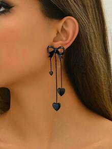 1 Pair Valentine's Gift Simple Clavicle Chain Tassel Heart & Bow Earrings