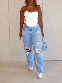 Pantalones vaqueros anchos y rectos con pierna ancha, cintura alta, rotos y desgastados, estilo Y2K para mujer, para uso diario, pantalones vaqueros largos de verano - Azul - Ver 2