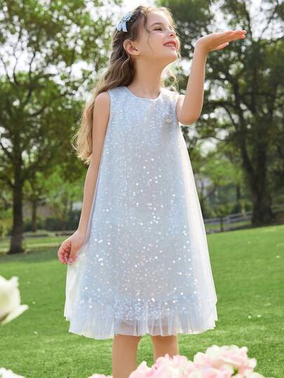  ASK JUNIOR 少女无袖网纱罩衫连衣裙，夏季度假连衣裙，公主裙，演出服