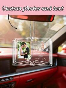 Personalized Custom Couple Ornament​ – Book-Shaped Acrylic Keepsake With Custom Photo Slot And Engraved Text. Features Floral Borders, Silver Chain, And Transparent Background. A Sentimental Gift For Newlyweds Like William & Olivia, Couples, And Valentine's Day Celebrants. Ideal For Car Mirrors, Christmas Trees, Or Bedside Displays To Cherish Love Stories.